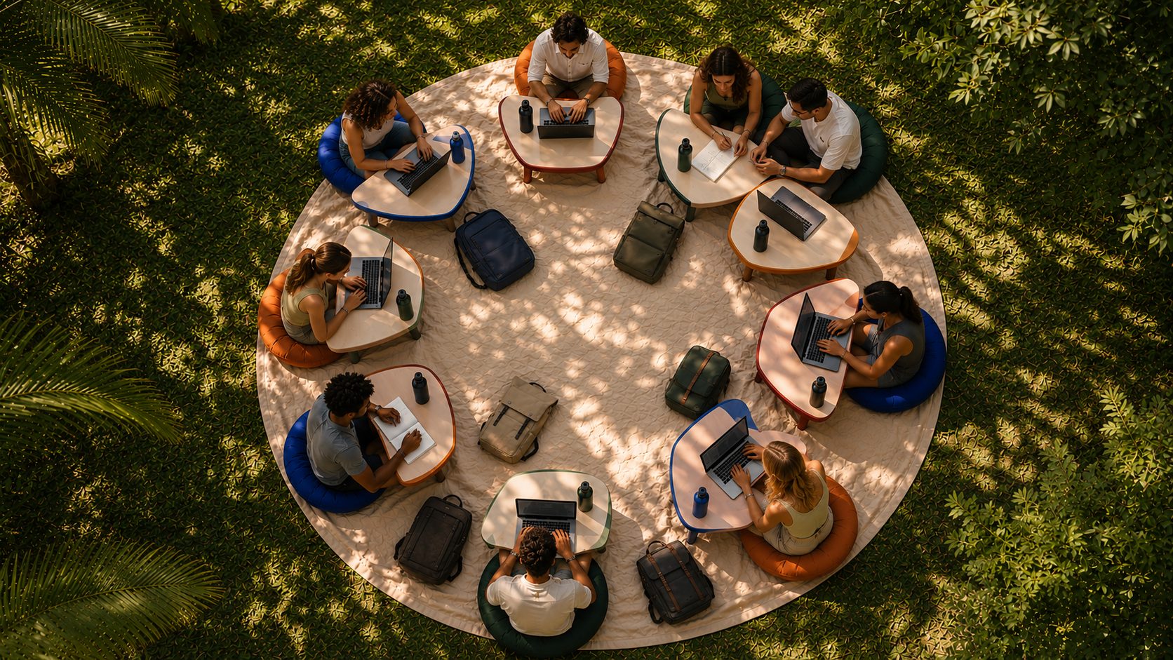 People working on laptops at low tables arranged in a circle under trees